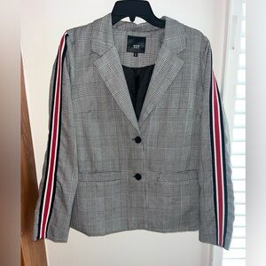 Gray Plaid Blazer with Red and White Stripes